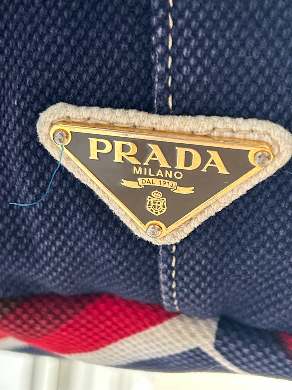 Prada Striped Canvas Tote in Red, Navy & Brown - Picture 4 of 10